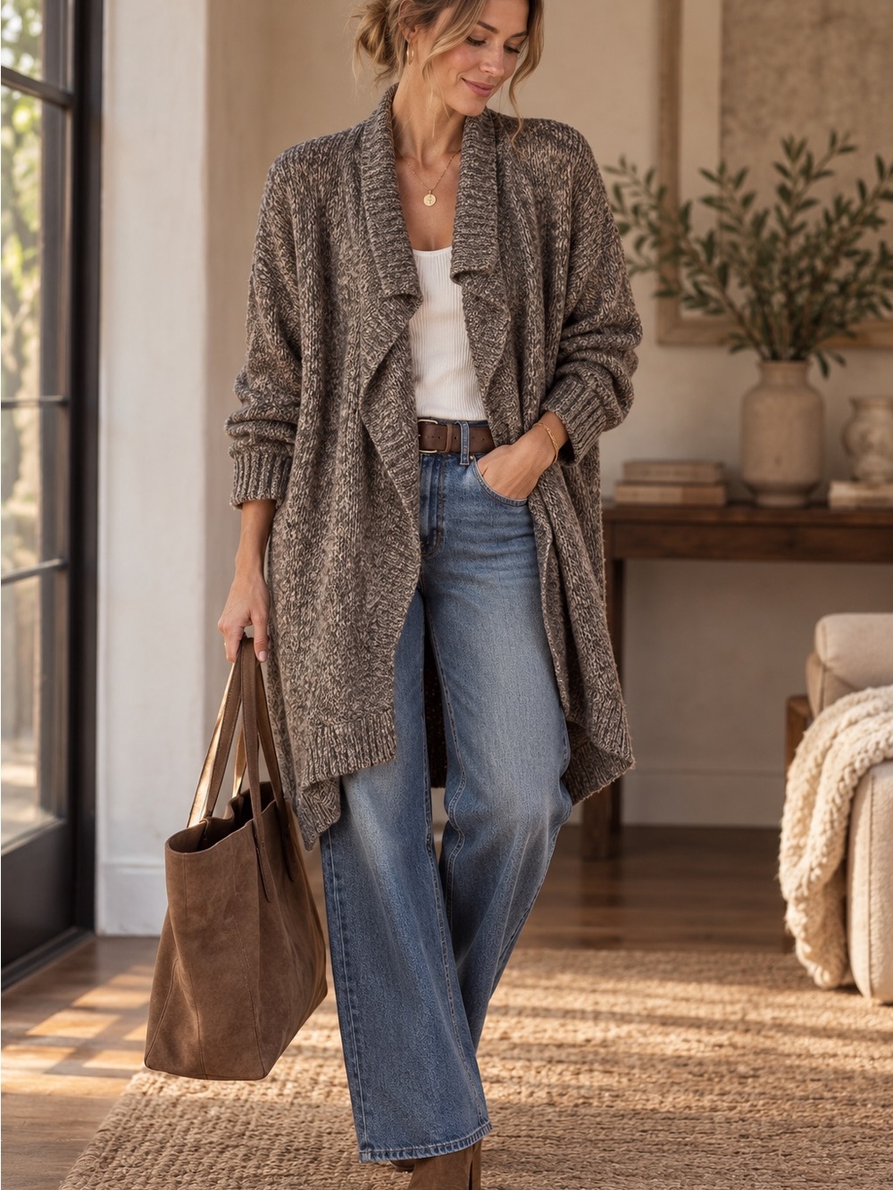 CAbi Women’s L 100% Cotton Marled Open Front Drape Cardigan Layering Sweater